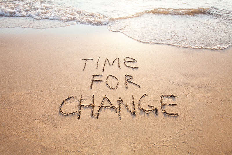 A photo of the beach, where the sand meets the surf, with the words "time for change" written into the sand.